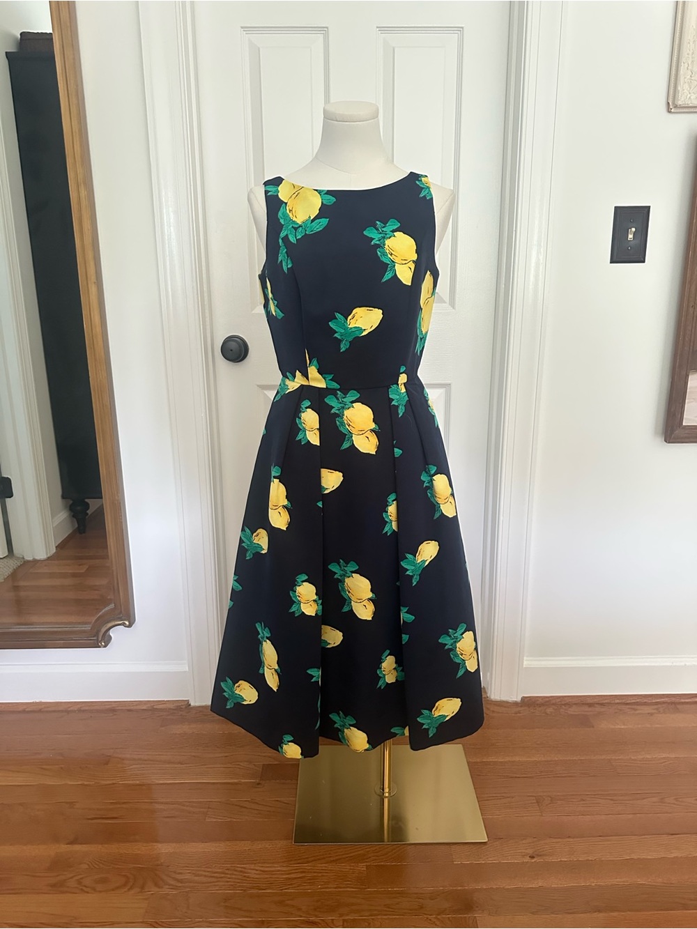 New York & Company Navy A-Line Midi Cocktail Dress with Lemon Print | Size 2